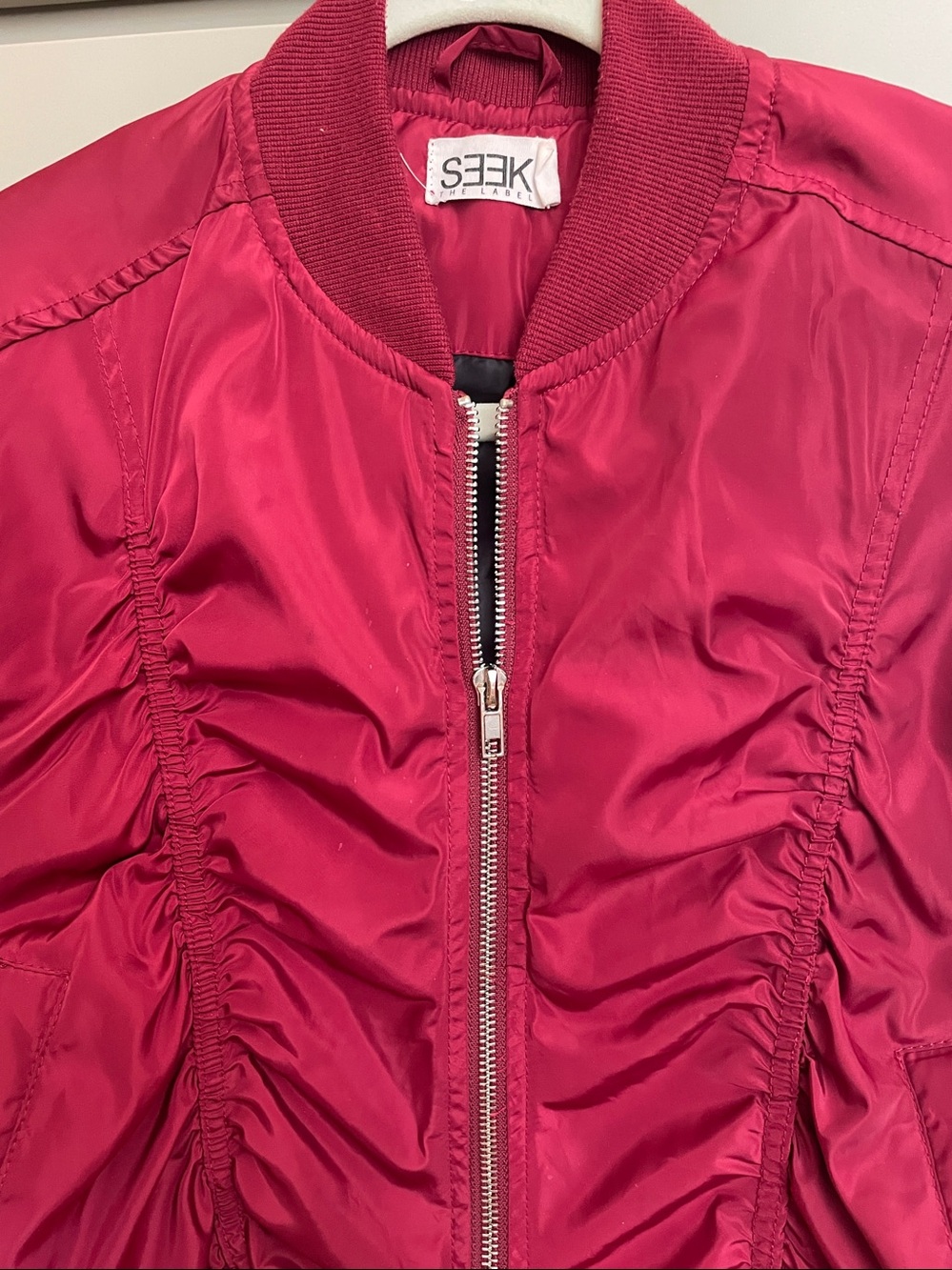 SEEK Wine-Red Ruched Bomber Jacket - Picture 2 of 10